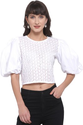 PLUSS Casual Short Sleeve Solid Women White Top