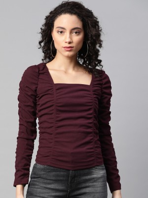 PLUSS Casual Full Sleeve Striped Women Maroon Top