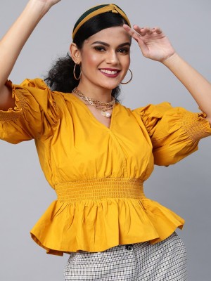 PLUSS Casual 3/4 Sleeve Solid Women Yellow Top