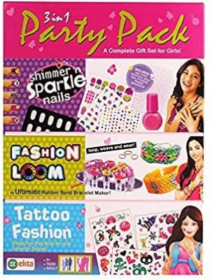 SARASI 3 IN 1 Party Pack DIY Kit [ Nail Art , Loom Kit , Tattoo Art] [Multicolor]