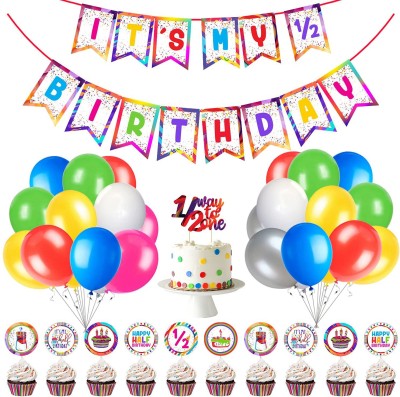 ZYOZI 1 Set It My Half Birthday Banner + 1 Pcs 1/2 Birthday Cake Topper + 10 Pcs 1/2 Birthday Cup Cake Topper + 25 PCs Multicolour Balloons For 1/2 Month Birthday Decoration Items,6th Month Birthday Decoration(Set of 37)