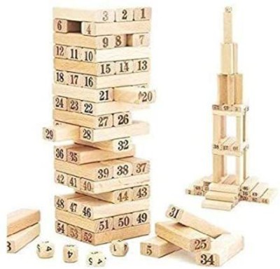 Quasar Wooden Building Blocks Tumbling Tower Numbered Wooden Blocks, 51 Pieces Block Stacking Game with 4 Dices(White)