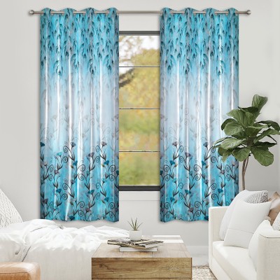 Veronica Deco 213 cm (7 ft) Polycotton Room Darkening Door Curtain (Pack Of 2)(Floral, Sky Blue)