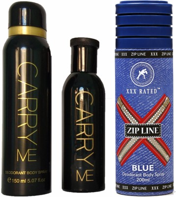 Carry Me Black Gift Set & Zipline Blue Body Spray  -  For Men & Women(450 ml, Pack of 3)
