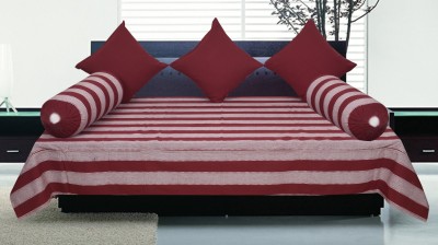 SBN Newlifestyle Cotton Striped Diwan Set(1 Single Bed Sheet, 2 Bolster Covers, 3 Cushion Covers, Maroon)