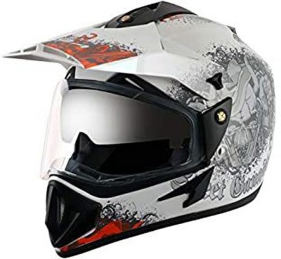 VEGA Off Road Hi-Quality Double Visor Gangster Full Face White Orange 580 mm Size M Motorsports Helmet(White Orange)