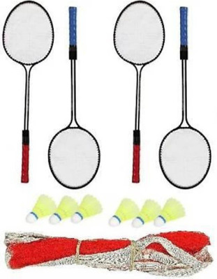 rk son Play Double Shaft Single Colour Set Of 4 Piece Badminton Racket With 6 Piece Plastic Shuttles And 1 Piece Badminton Net Badminton Kit Badminton Kit