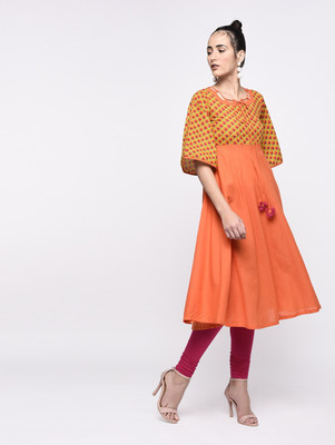 Yash Gallery Women Geometric Print A-line Kurta(Orange, Yellow)