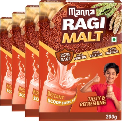 Manna Ragi Malt Health Drink 800g (200g x 4 Packs) | Rich in Protein, Calcium | 100% Natural Health Drink | Kids Health Drink (4 x 200 g)
