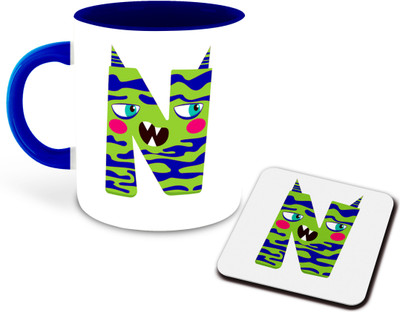 whats your kick Letter N Name initial Alphabet Inspiration Printed Dark Blue inner color Ceramic Coffee With Coaster - Birthday | Anniversary | Best Gift | Alphabet Series (Multi 14) Ceramic Coffee Mug(325 ml)