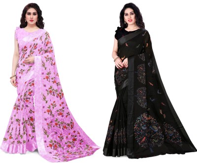 MIRCHI FASHION Printed, Floral Print Bollywood Cotton Blend Saree(Pack of 2, Pink, Black)