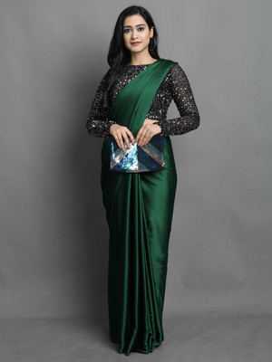 GLOWMOROUS Solid/Plain Bollywood Silk Blend, Satin Saree(Dark Green)