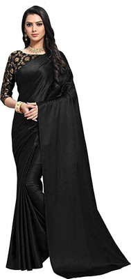 NEZAA EXPORT Solid/Plain Bollywood Satin Saree(Black)