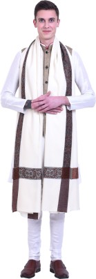 Royal-E-Kashmir Wool Embroidered Men Shawl(White)