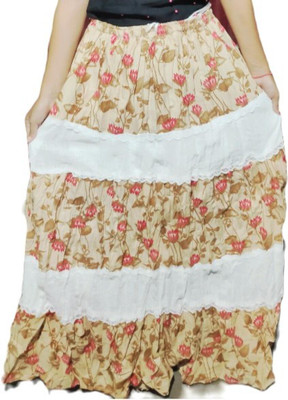 mouli Floral Print Women Regular Beige, White Skirt