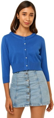 K & M - Knits & More Woven Round Neck Casual Women Reversible Blue Sweater
