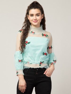 RVS FASHION MART Casual Full Sleeve Embroidered Women Blue Top
