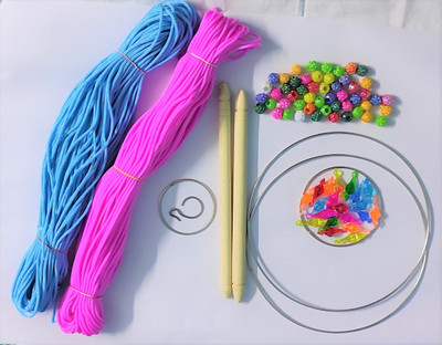 UVV Macrame Set of two (Pink ,Green),4 rings in different size, 2 Stick ,(Beads ,Bells 100 pic each)