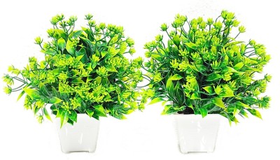 zonezer Wild artificial plant for home decor with pot set of 2 smale table plant for office green color plant Green, Yellow Wild Flower Artificial Flower  with Pot(7 inch, Pack of 2, Flower with Basket)