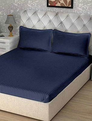 AkiN 220 TC Cotton Double Striped Flat Bedsheet(Pack of 1, Blue)