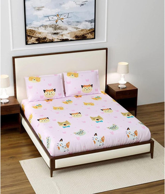 Nanki's 180 TC Polycotton Double Cartoon Fitted (Elastic) Bedsheet(Pack of 1, Pink)