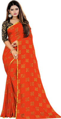 MINE CHOICE Printed, Self Design, Embellished Bollywood Chiffon Saree(Orange)