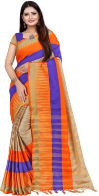 MINE CHOICE Self Design, Striped Bollywood Cotton Blend, Art Silk Saree(Orange, Beige)