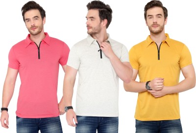 Moordale Solid Men Polo Neck Pink, Grey, Yellow T-Shirt