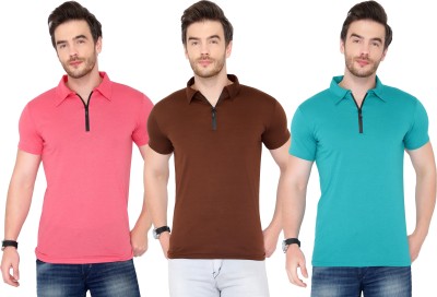 Adorbs Solid Men Polo Neck Brown, Blue, Pink T-Shirt