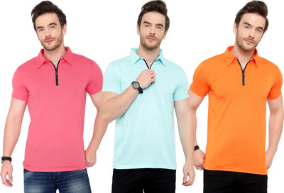 Tivy Solid Men Polo Neck Light Blue, Pink, Orange T-Shirt