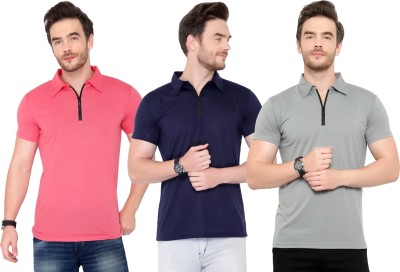 Adorbs Solid Men Polo Neck Dark Blue, Pink, Grey T-Shirt
