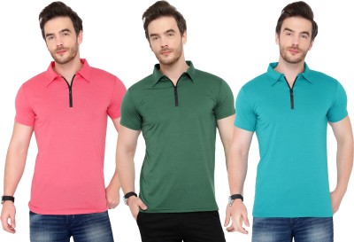 Adorbs Solid Men Polo Neck Light Blue, Green, Pink T-Shirt