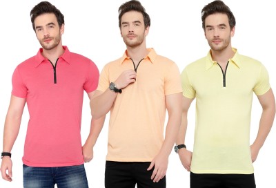 Moordale Solid Men Polo Neck Pink, Orange, Yellow T-Shirt