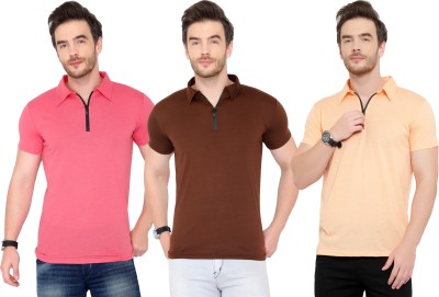 Adorbs Solid Men Polo Neck Brown, Pink, Orange T-Shirt