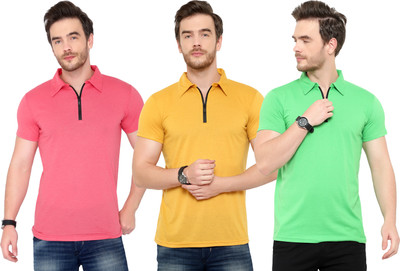 Adorbs Solid Men Polo Neck Pink, Yellow, Light Green T-Shirt