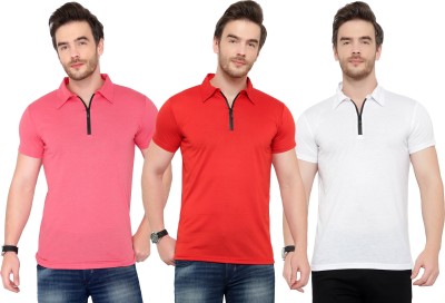 Moordale Solid Men Polo Neck Red, White, Pink T-Shirt