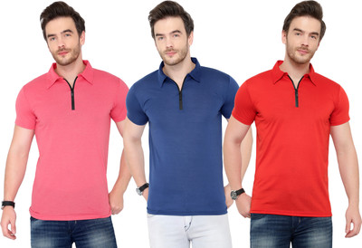 Adorbs Solid Men Polo Neck Dark Blue, Red, Pink T-Shirt