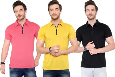 Moordale Solid Men Polo Neck Pink, Black, Yellow T-Shirt