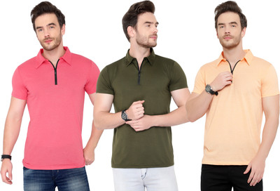Moordale Solid Men Polo Neck Dark Green, Pink, Orange T-Shirt