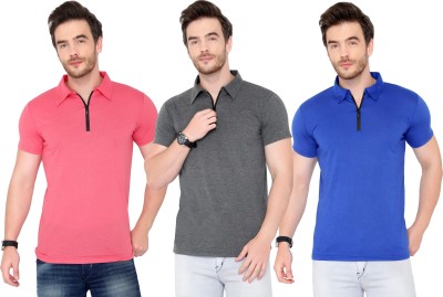 Moordale Solid Men Polo Neck Dark Blue, Pink, Grey T-Shirt