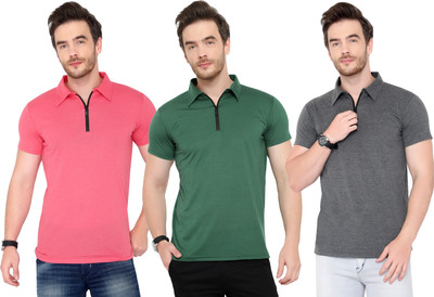 Adorbs Solid Men Polo Neck Dark Green, Pink, Grey T-Shirt
