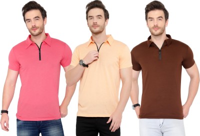 Adorbs Solid Men Polo Neck Brown, Pink, Orange T-Shirt