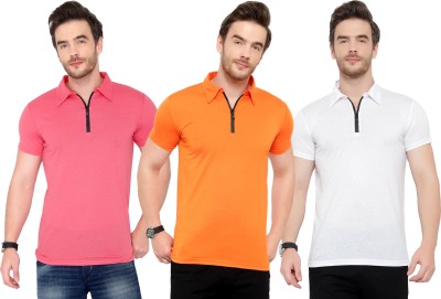 Tivy Solid Men Polo Neck White, Pink, Orange T-Shirt