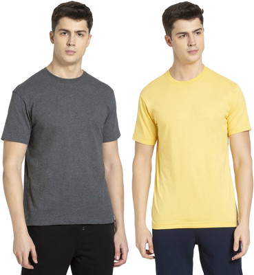 JOCKEY Solid Men Round Neck Grey, Yellow T-Shirt