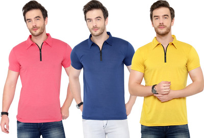 Tivy Solid Men Polo Neck Dark Blue, Pink, Yellow T-Shirt