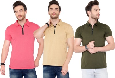 Tivy Solid Men Polo Neck Dark Green, Pink, Beige T-Shirt