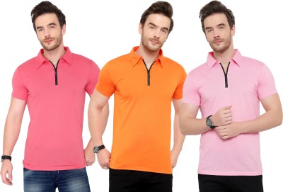 Tivy Solid Men Polo Neck Pink, Orange T-Shirt