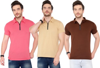 Tivy Solid Men Polo Neck Brown, Pink, Beige T-Shirt