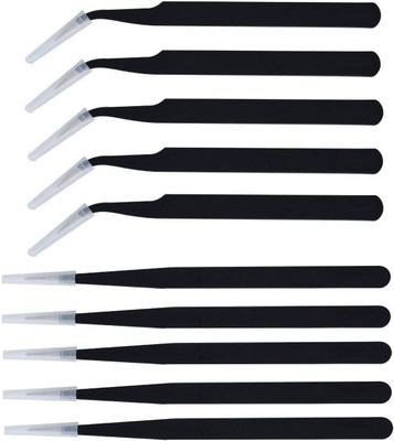 PagKis Set of 10 Non Magnetic ESD Safe Black coated Tweezers - 5 Straight Pointed & 5 Curved Pointed