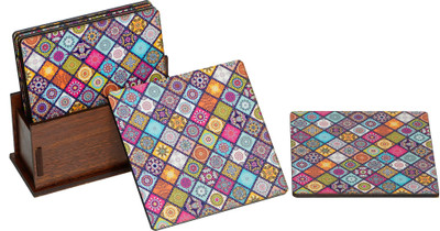 Brothers Creation Square Wood Coaster Set(Pack of 6)